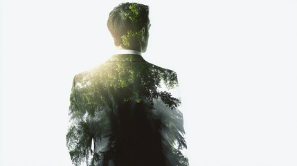 A businessman silhouette with green trees layered within, representing nature