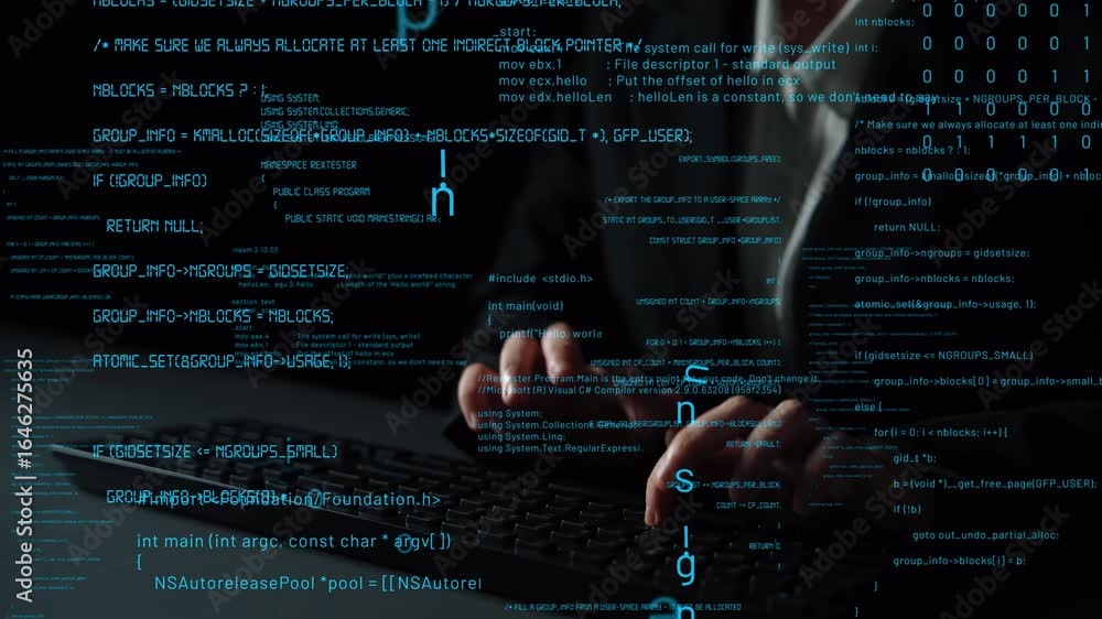 Poster close-up view of hands engaging with a keyboard as digital code streams illuminate a dark environmen