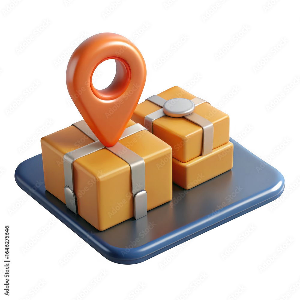 Poster 3d location pin on delivery boxes isolated on transparent background