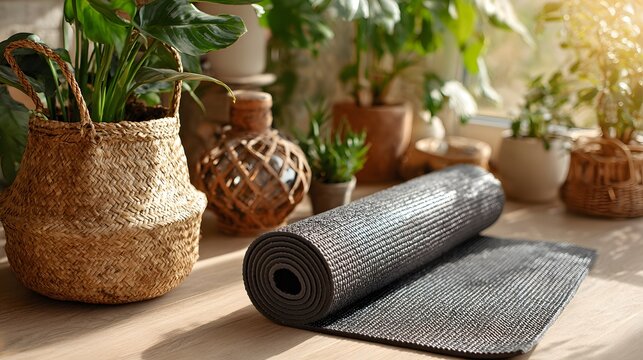 Rolled yoga mat on a wooden surface surrounded by plants.