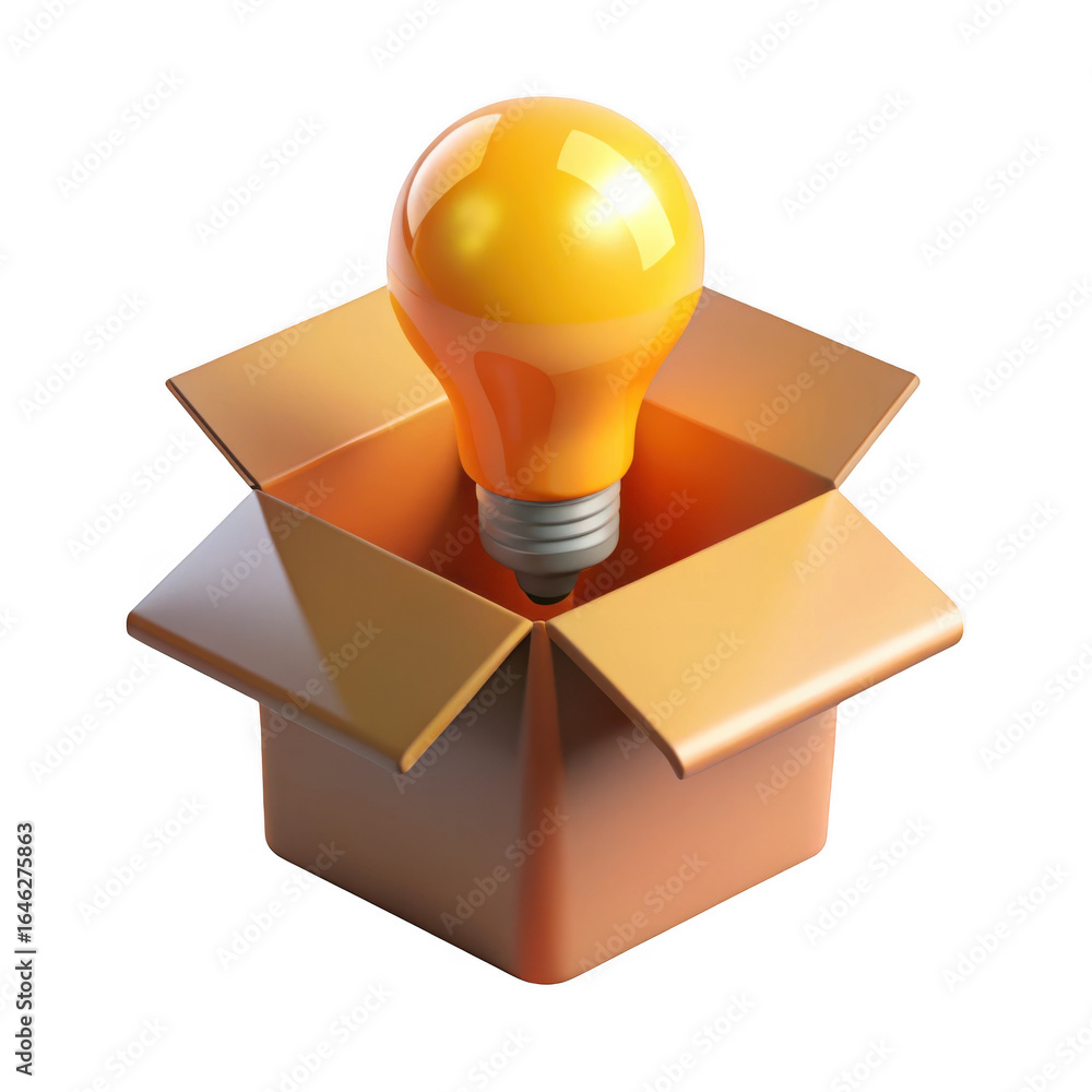 Poster 3d lightbulb emerging from cardboard box isolated on transparent background