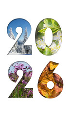 Number 2026 from four seasons photos for calendar, flyer, poster, postcard, banner. Vertical image.