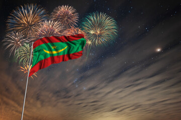 Waving National flag of Mauritania and holiday fireworks
