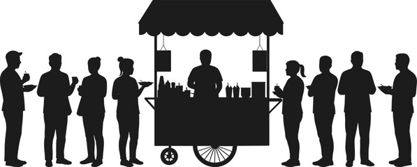 Street food cart silhouette, vendor serving customers, mobile canopy stall, people eating, urban snack scene, black and white vector illustration © Olaja Vector Vision