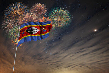Waving National flag of Swaziland and holiday fireworks