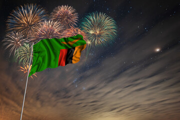 Waving National flag of Zambia and holiday fireworks
