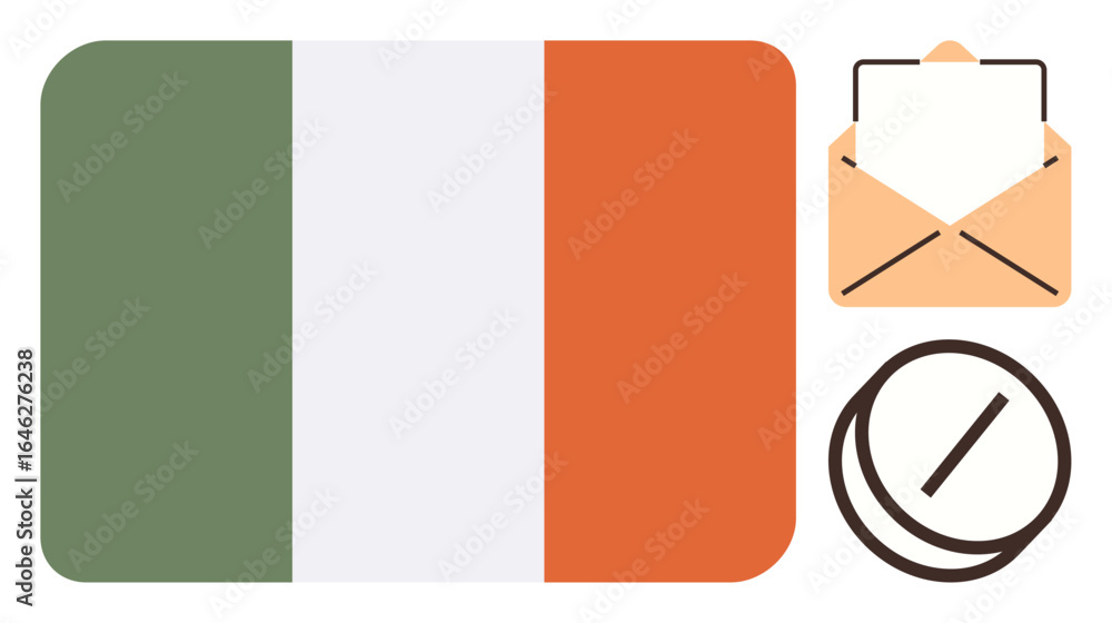 Poster irish flag beside envelope containing paper and round approval stamp. ideal for themes thumbs up com