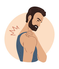 Vector illustration of a man with trapezius muscle pain due to strain, tension, or poor posture. Isolated medical and health concept
