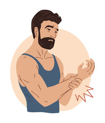 Vector illustration of a man holding his wrist due to tendonitis, carpal tunnel syndrome, or injury. Isolated medical concept for hand and joint pain