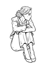 Black and white hand drawn vector of a young woman in a pantsuit sitting on the floor hugging her knees. Concept of depression, loneliness, and emotional problems