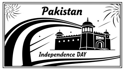 "Retro-inspired vector design for Pakistan&rsquo;s 79th Independence Day, Red Fort silhouette in deep green, bold tricolor arcs, vintage typography and halftone textures."
