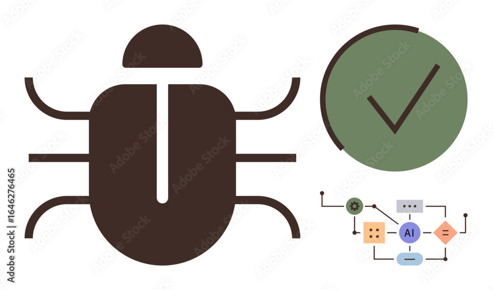 Poster stylized bug icon paired with a green verification mark and flowchart of algorithm process. ideal fo