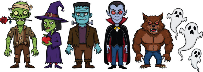 Halloween cartoon characters, zombie with rose, witch with apple, vampire, werewolf, Frankenstein, ghosts, spooky vector set, horror icons © Olaja Vector Vision