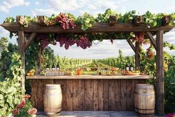 Vineyard tasting area featuring fresh grapes and local beverages in a sunny countryside