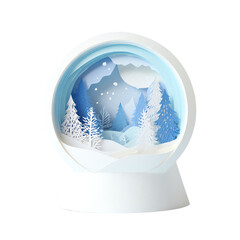 Paper cut style winter snow globe with pine trees and mountains