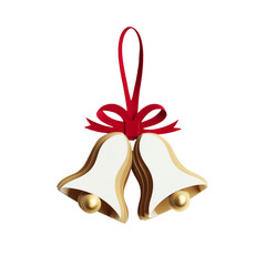 Paper cut style golden Christmas bells with red ribbon bow