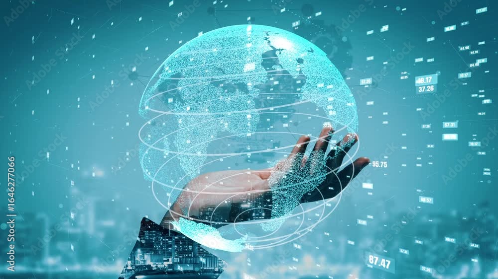 Poster a hand is gracefully holding a digital representation of the earth surrounded by data points and gra