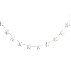 Silver star garland on thin string, curved swoop, photoreal &mdash; white isolated background