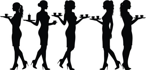 Waitress silhouette set, serving drinks, tray carrying poses, hospitality staff, elegant servers, barmaid illustration, restaurant service, uniformed figures