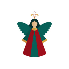 Christmas angel with halo and green wings — white isolated background