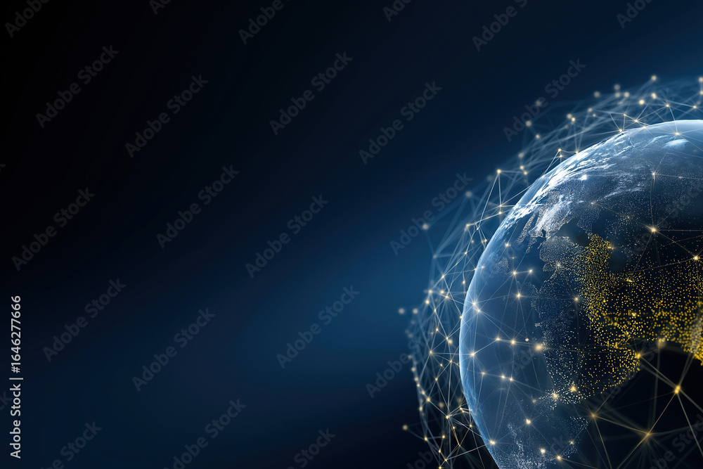 Poster digital globe showing connections and networks with bright points from space