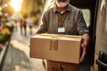 A senior delivery man holding a cardboard box near a delivery van in sunlight, showcasing parcel delivery and logistics services with efficient distribution, focus on parcel.