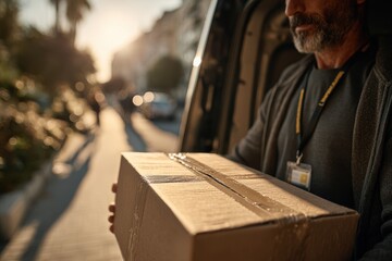 A delivery man holding a cardboard box while standing near a delivery van with the doors open, ready to deliver the package with care and speed, on the city street.