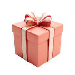 Coral gift box with white ribbon bow, isolated on transparent background