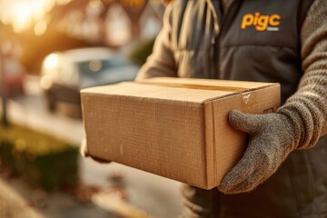 Naklejka premium A delivery man holding a cardboard box outside a house during a sunny afternoon, wearing gloves and uniform, ready to deliver to the customer at their address.