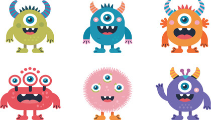 Fototapeta premium Set of cute colorful cartoon monsters with one-eyed and multi-eyed designs, playful alien creatures for kids and fantasy themes