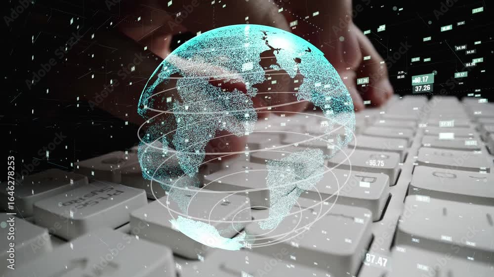 Poster close-up of a person hands typing on a keyboard with a digital globe overlay, illustrating the conce