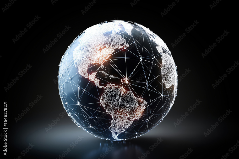 Poster Digital globe illustrating global connectivity with network lines and nodes