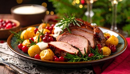 Roasted pork tenderloin with potatoes and cranberries