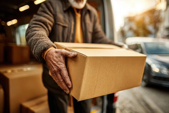 Senior man carefully holds a cardboard box outside the delivery van, focusing on the task to ensure safe arrival and delivery to the customer's desired location.