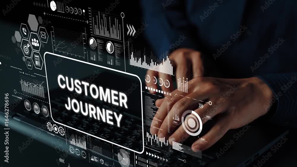 Aufkleber hands on keyboard with digital overlays representing customer journey and data analysis in modern bu