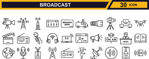 Vector art of collection of broadcast and media icons isolated on white background