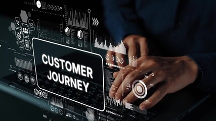 Hands on Keyboard with Digital Overlays Representing Customer Journey and Data Analysis in Modern Business Environment. Asymptotic smart data analytic. - Powered by Adobe