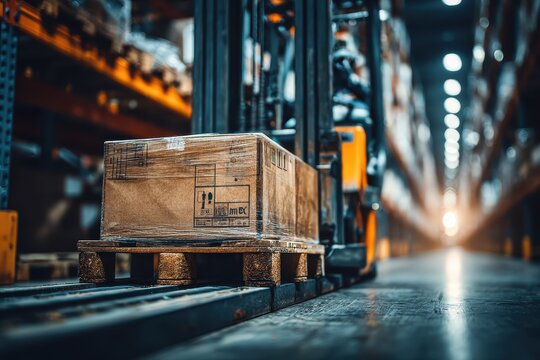 A forklift carrying a pallet with a cardboard box through a large storage warehouse, focusing on distribution and logistics management for supply chains and merchandise.