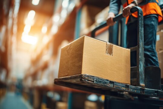 Close-up of a cardboard box on a forklift in a warehouse, worker in safety vest operating machinery, preparing for shipping and distribution, modern industry concept.