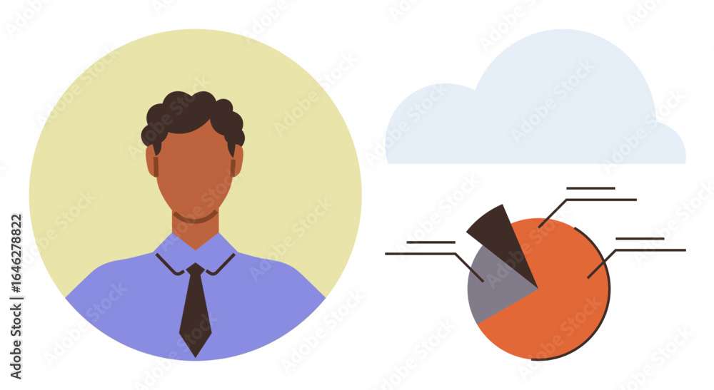 Poster businessman in formal attire next to pie chart with segments and cloud representation. ideal for bus