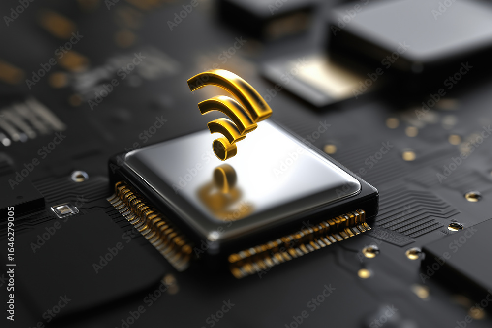 Poster clever design of a processor with a wireless signal symbol on a circuit board