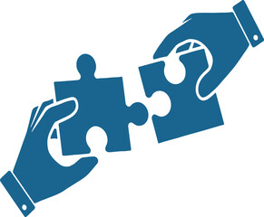 Two blue hands connecting two jigsaw puzzle pieces on white background connection
