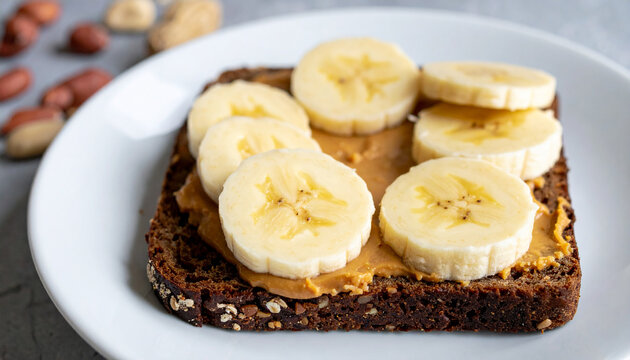 Rye bread with peanut butter and banana slices. Tasty snack. Delicious food for breakfast. Cooking - Powered by Adobe