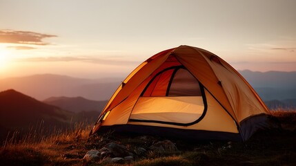 Orange camping tent on a mountaintop at sunrise.