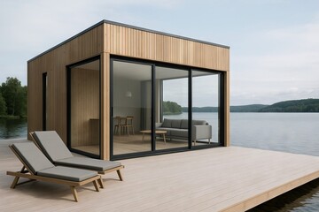 Naklejka premium Modern wooden modular lake house with large glass windows overlooking serene waters. concept of tranquil living, contemporary architecture, nature retreat.