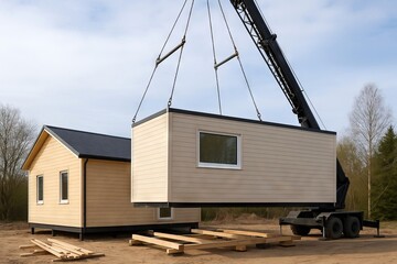 Construction of modular home using crane on sunny day with blue sky in rural landscape. concept of modern housing, prefabricated homes, efficient building techniques