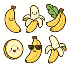 Cartoon banana icon set with 6 adorable designs, from whole bananas to slices, on white background. Ideal for stickers, menus, and tropical-themed graphics