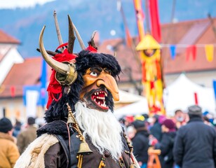 Folkloric mask, vibrant colors, crowd