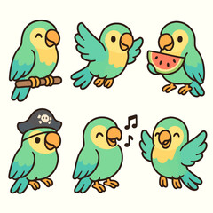 Cartoon parrot icon set with 6 vibrant and adorable designs, from flying to singing, on white background. Ideal for stickers, games, and exotic animal projects