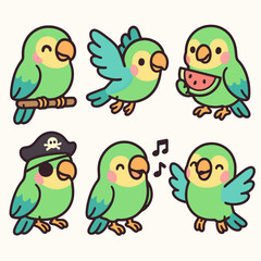 Set of 6 cute cartoon parrot icons with colorful and playful poses on white background. Perfect for tropical-themed designs, kids’ books, and decorative illustrations